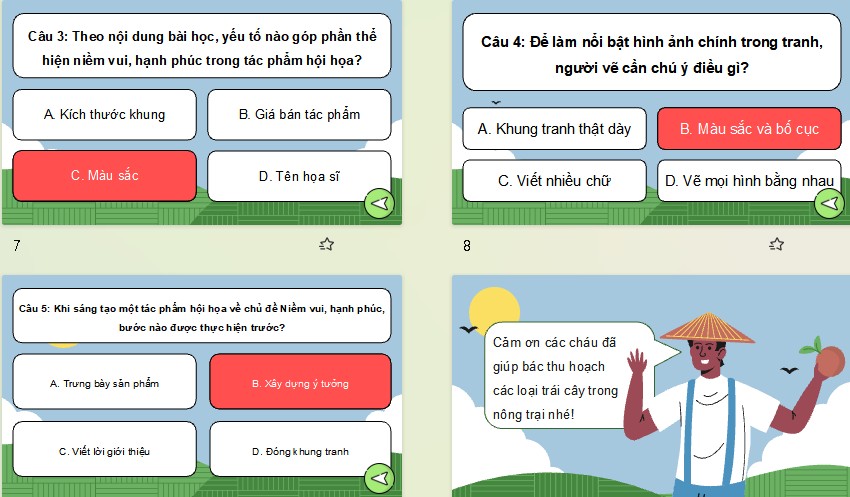 Game khởi động Mĩ thuật 8 Bài 5: Tác phẩm hội hoạ chủ đề Niềm vui, hạnh phúc