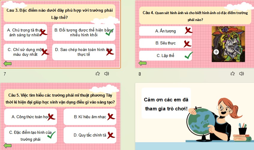 Game khởi động Mĩ thuật 8 Bài 7: Một số trường phái mĩ thuật phương Tây thời kì hiện đại