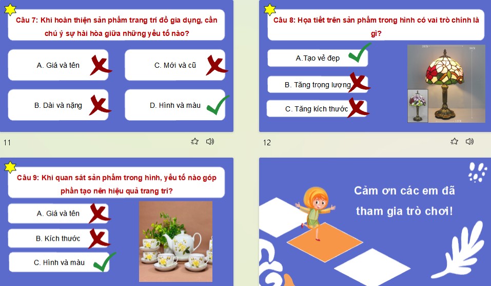 Game khởi động Mĩ thuật 8 Bài 8: Nghệ thuật trang trí đồ gia dụng