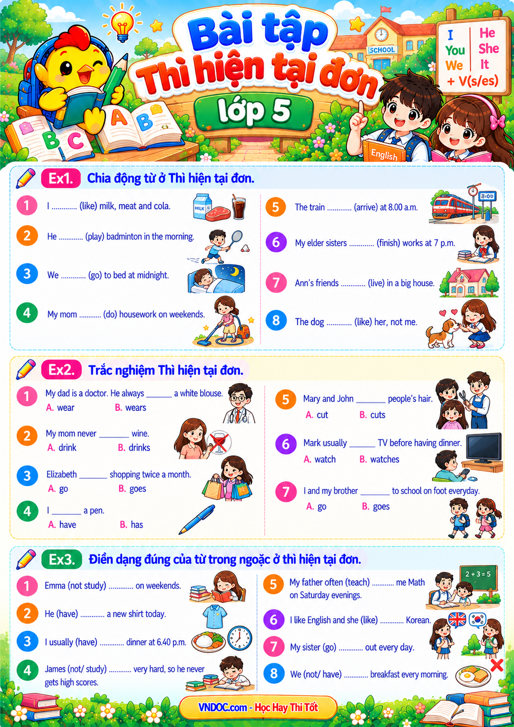 Bài tập Thì hiện tại đơn lớp 5