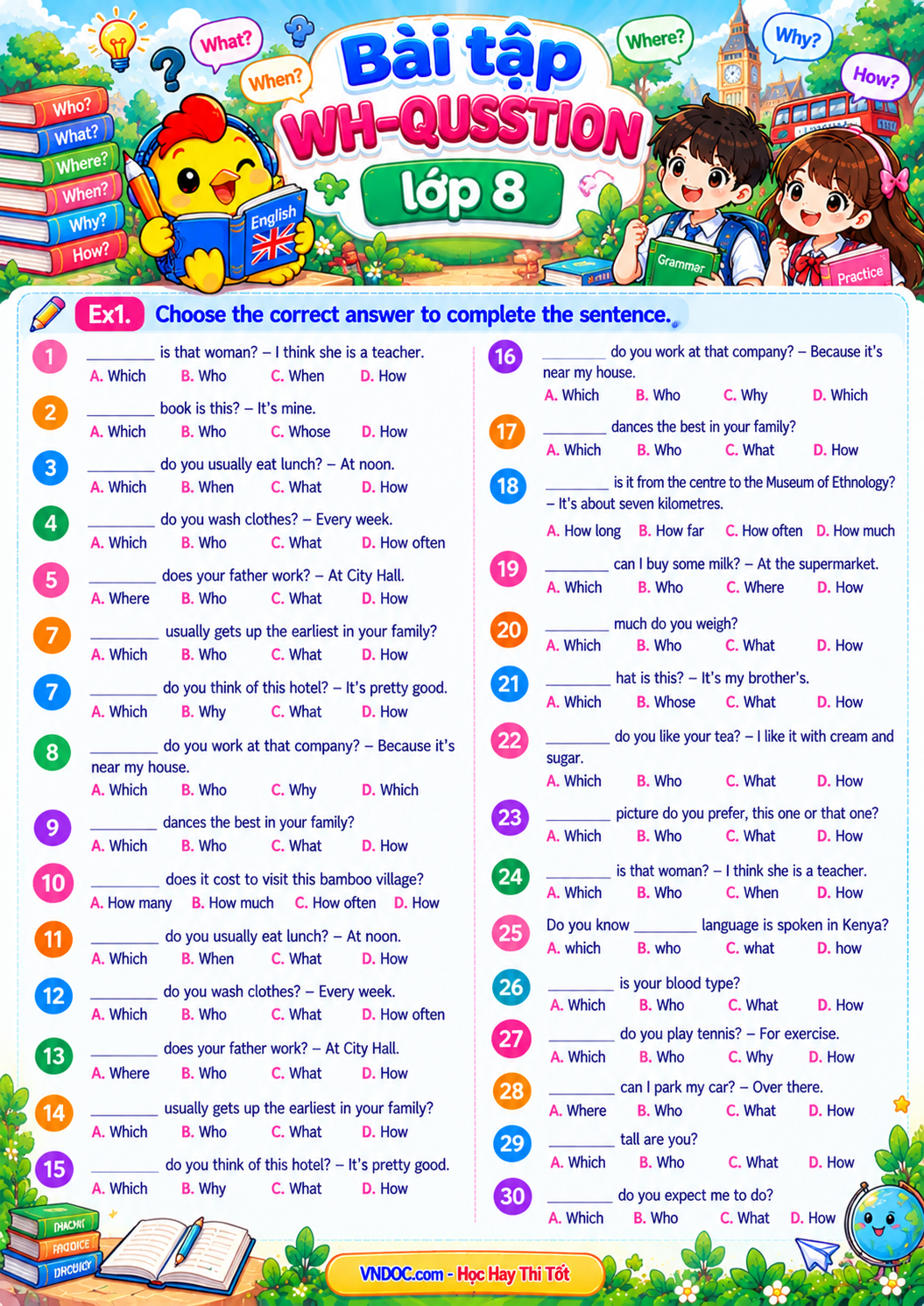 Bài tập wh-question lớp 8 có đáp án