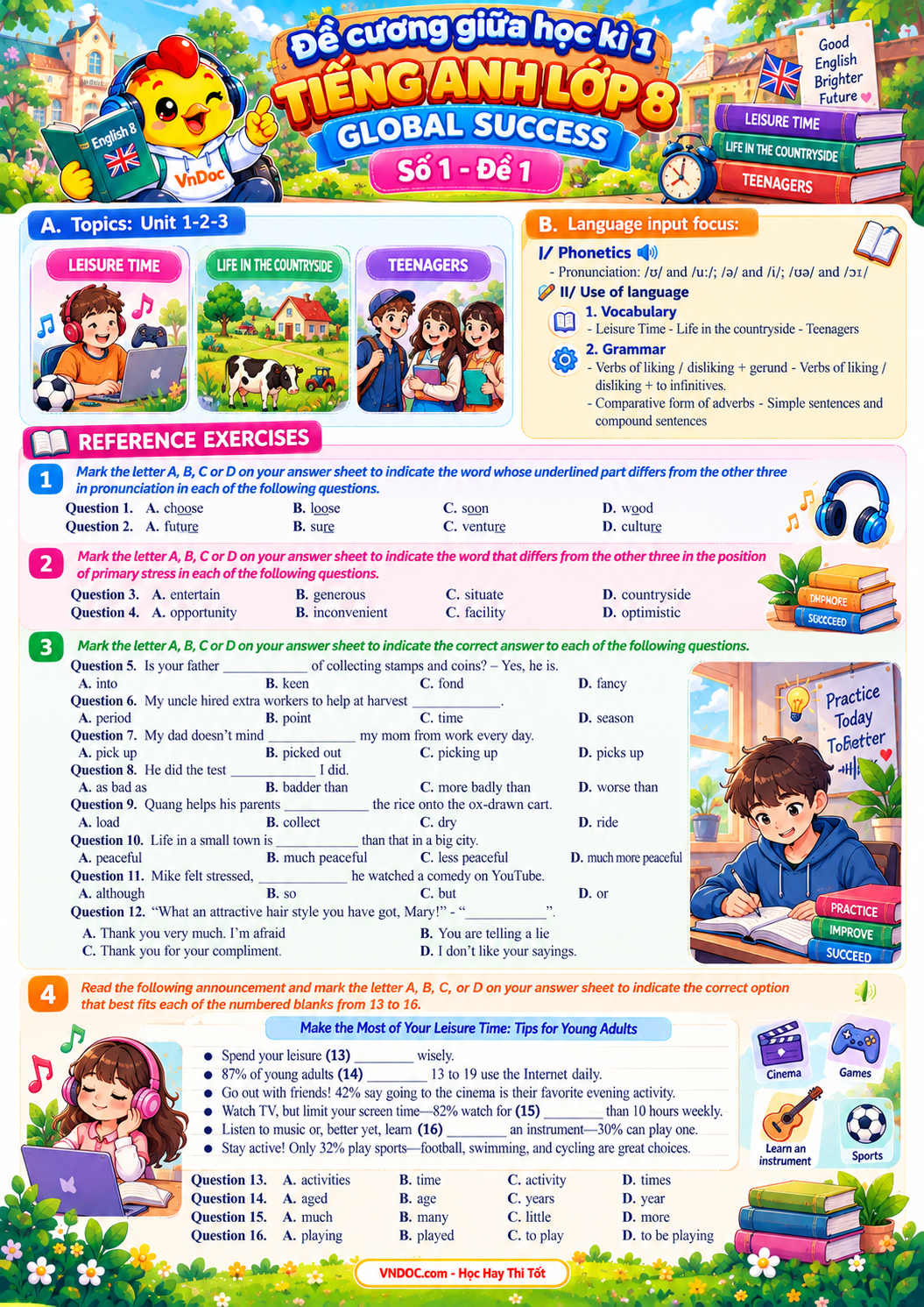Đề cương ôn tập giữa kì 1 tiếng Anh 8 Global Success số 1