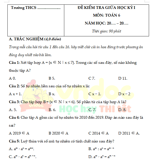 Đề thi giữa kì 1 Toán lớp 6 (Cấu trúc 4   6) Số 2 h2*28750