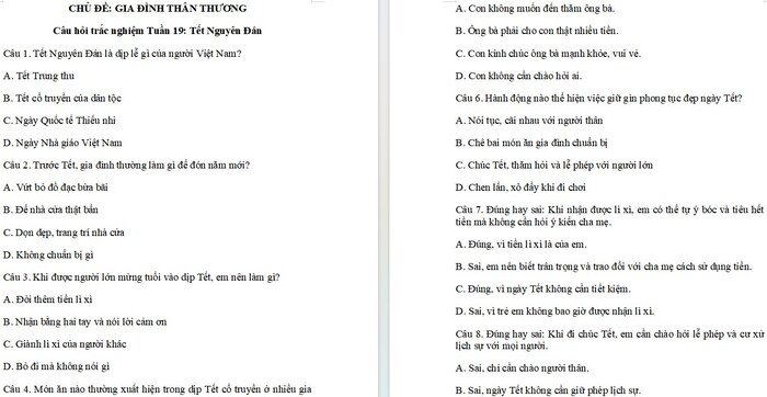 Câu hỏi trắc nghiệm Hoạt động trải nghiệm 2 Tuần 19