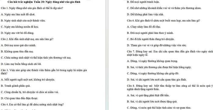 Câu hỏi trắc nghiệm Hoạt động trải nghiệm 2 Tuần 20