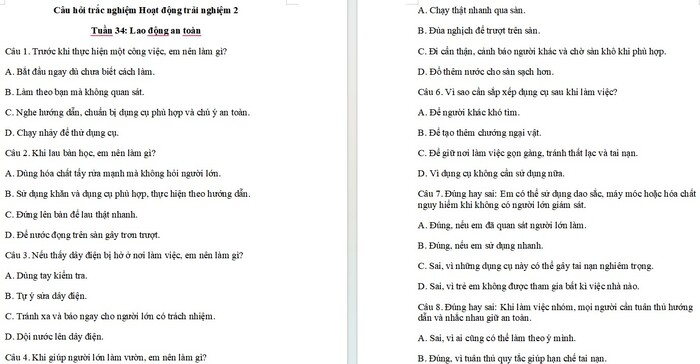 Câu hỏi trắc nghiệm Hoạt động trải nghiệm 2 Tuần 34
