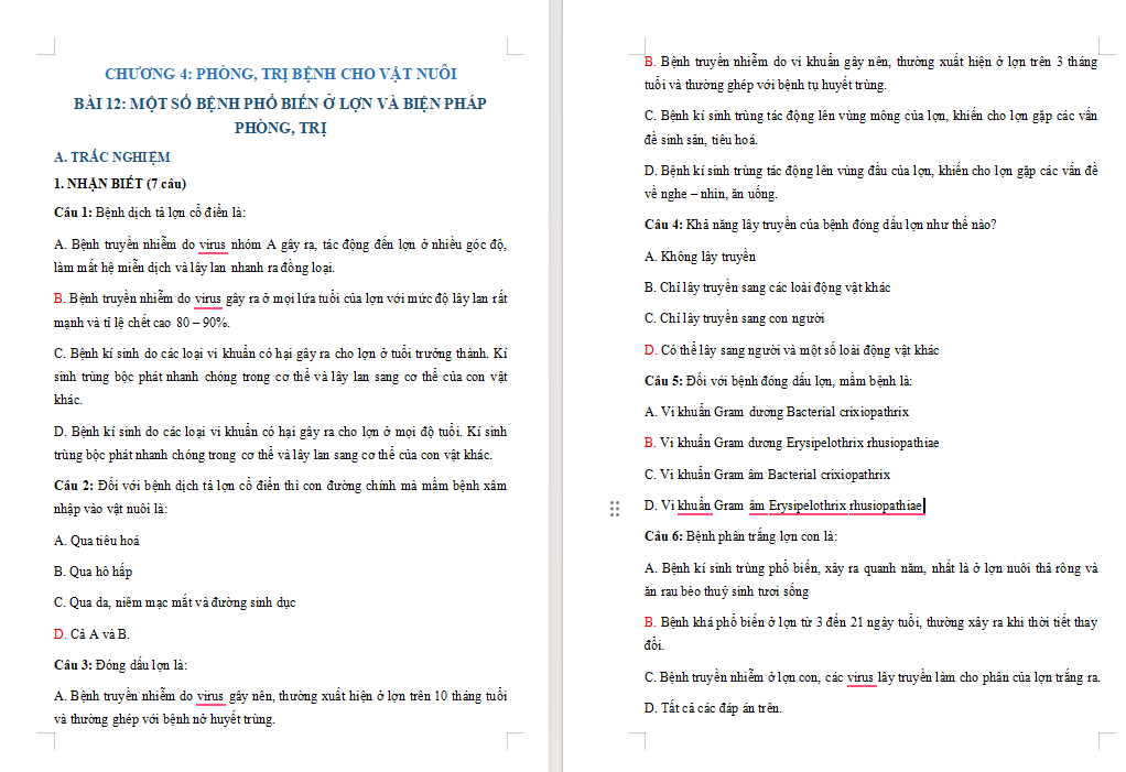 Trắc nghiệm Công nghệ Chăn nuôi 11 Bài 12