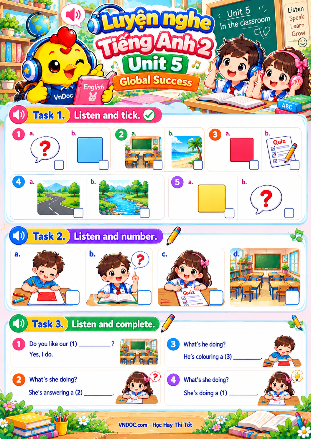 Luyện nghe tiếng Anh lớp 2 unit 5: In the classroom