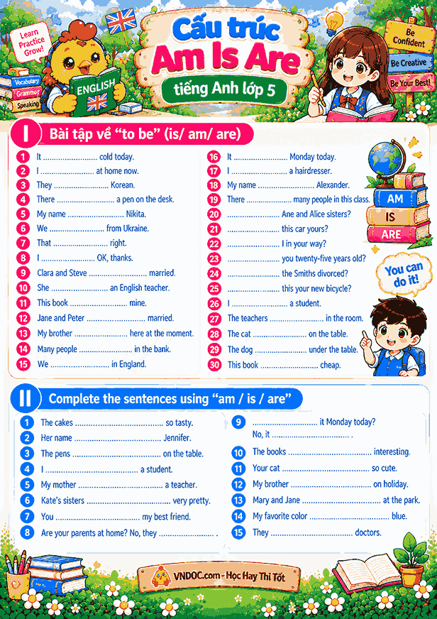 Bài tập Am Is Are lớp 5 có đáp án